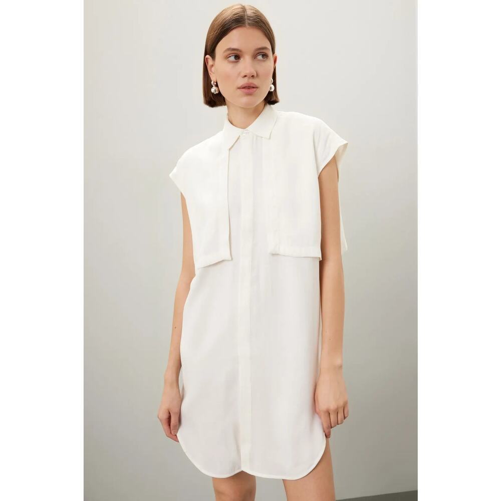 K.ngsley Nes Shirt Dress Cap Sleeve Collared Button Front Tunic Top White XS